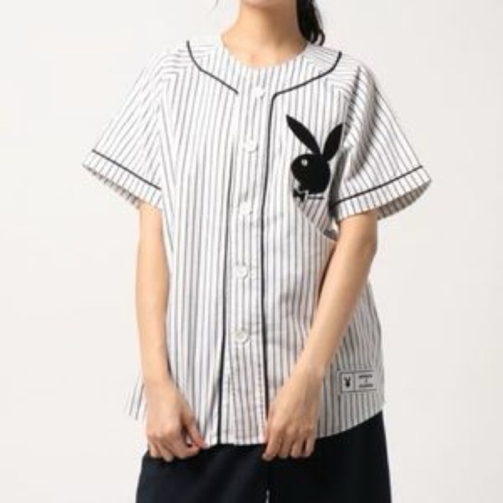 PLAYBOY joyrich baseball jersey Button Up Jersey size xs black and white bunny
